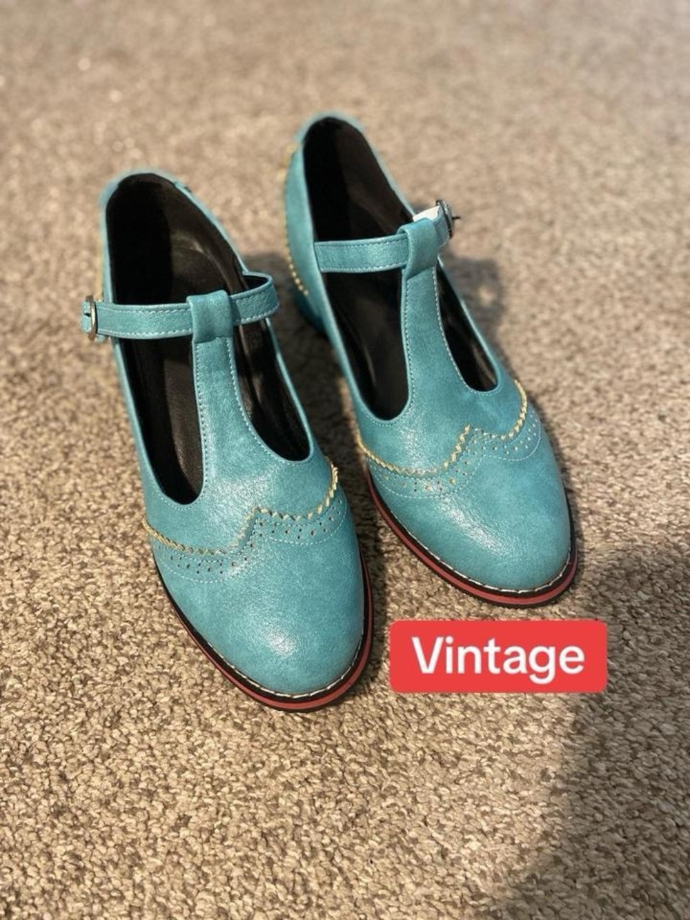 Vintage Teal T-Strap Brogue Platform Pumps